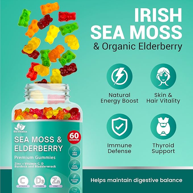 BIO VITALICA Irish Sea Moss Gummies with Elderberry – USA Made Vegan Gummies with Vitamin C, D & Zinc – Immune Support Supplement with Bladderwrack & Burdock Root for Adults & Kids – 4 Packs