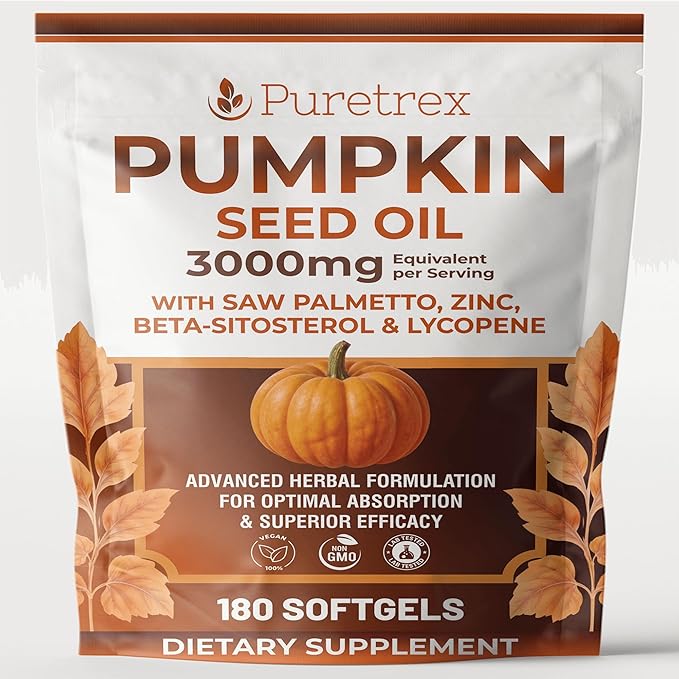 Pumpkin Seed Oil 3000mg with Saw Palmetto, Beta-Sitosterol, Zinc & BioPerine® – 180 Vegan Softgels | Prostate & Hair Growth Support | DHT Blocker | Urinary & Bladder Health | Cold-Pressed