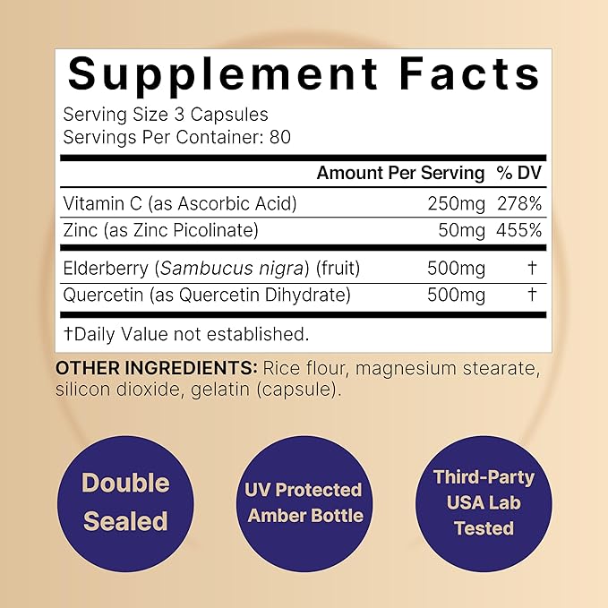 NatureBell Elderberry Quercetin 4-in-1 with Vitamin C & Zinc, 240 Capsules | Traditional Herbal Supplement | 500mg Sambucus Nigra, 500mg Quercetin, 250mg Vitamin C, 50mg Zinc Picolinate per Serving