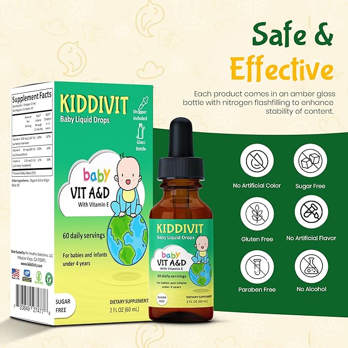 Kiddivit Baby Vitamin A&D Liquid Drops with Vitamin E – Gentle Immune & Vision Support Supplement – 60 Daily Servings, Dropper Included, Glass Bottle – Sugar Free, Gluten Free, Vegetarian, 2oz