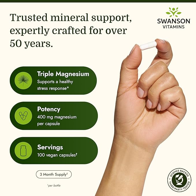 Swanson Triple Magnesium Complex - Mineral Supplement - Natural Support - Featuring Citrate, Oxide & Aspartate - (100 Capsules, 400mg Each, 3 Pack)