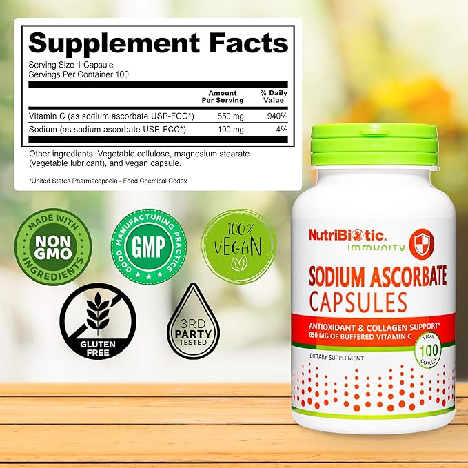 NutriBiotic - Sodium Ascorbate Buffered Vitamin C Capsules, 100 Ct | Vegan, Non-Acidic & Easier on Digestion Than Ascorbic Acid | Essential Immune Support & Antioxidant Supplement | Gluten & GMO Free