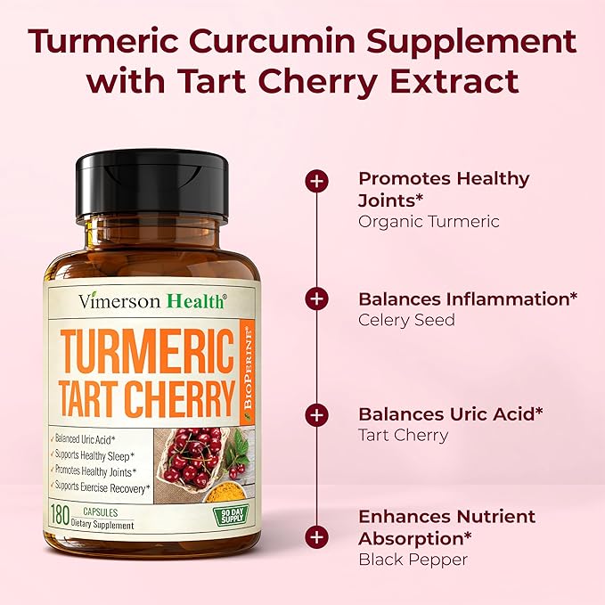 Tart Cherry Capsules – Turmeric Curcumin Supplement with Tart Cherry Extract & Celery Seed Extract – Turmeric Curcumin with Black Pepper for Uric Acid Balance, Joint Health & Sleep Aid - 180 Count
