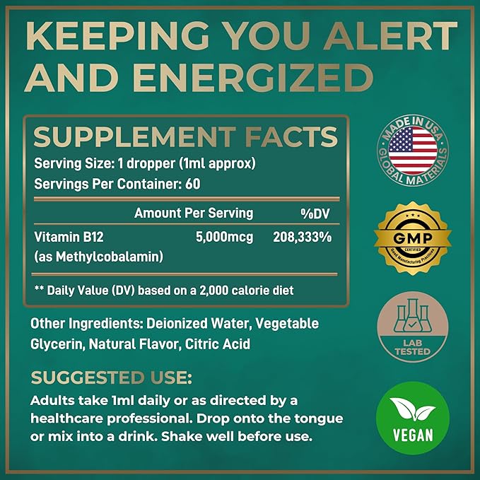 Vegan Vitamin B12 Liquid Drops - Fast-Acting 5000 mcg Methylcobalamin B12 Sublingual Supplement - Energy, Memory and Mood Support - High-Potency One-Dropper Per Day - Natural Citrus Flavor - 2oz