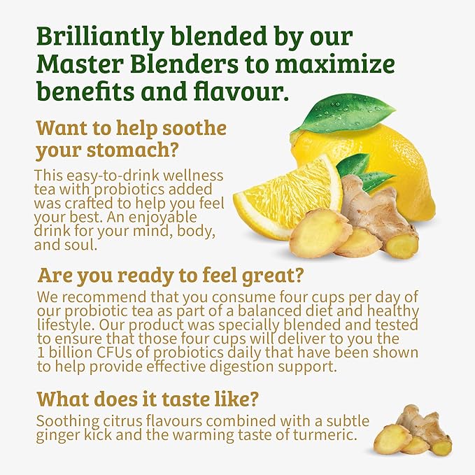 Twinings Superblends Probiotics+ Lemon & Ginger Flavoured Herbal Tea with Turmeric, Caffeine-Free, 18 Count (Pack of 1), Enjoy Hot or Iced, 18 Teabags