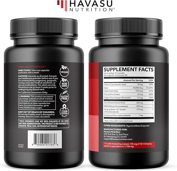 DHT Blocker for Men with Biotin 10000mcg Per Serving, Saw Palmetto Extract & MSM - Supports Normal Healthy Hair Growth - With Pea Extract & Stinging Nettle - Vegan, Non-GMO, Gluten Free - 30 Servings