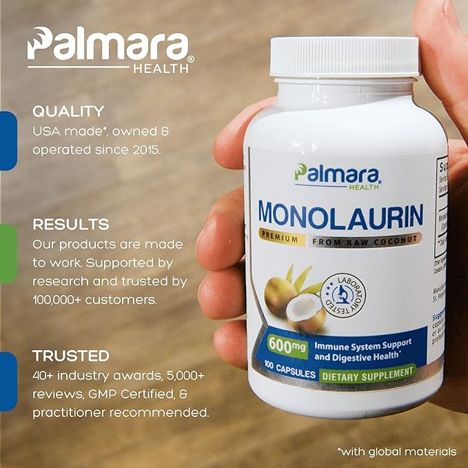 Palmara Health Premium Monolaurin 1,200mg per 2 capusle Serving, 1 Pack (100 Capsules)