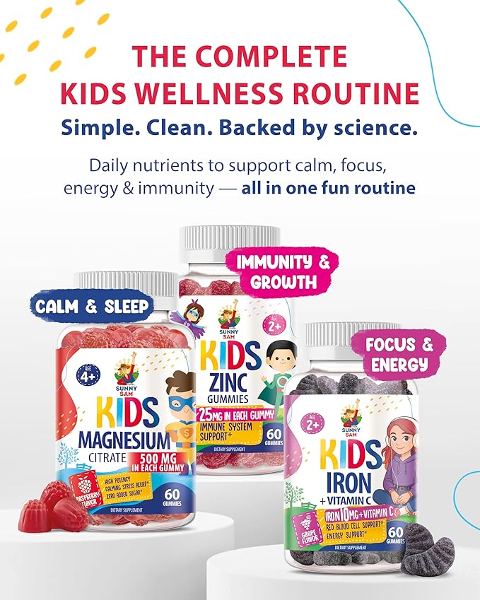 SUNNY SAM Iron Gummies for Kids & Teens - 10mg Iron Vitamins with Vitamin C - Low-Sugar Chewable Gummy Supplement for Immune Support, Supports Red Blood Cell Production for Children & Teen Girls