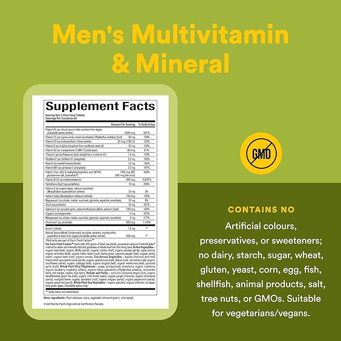 Natural Factors Whole Earth & Sea Men's Multivitamin & Mineral - Daily Health Supplement for Men Under 50 - Vegan, Non-GMO & Gluten-Free - 120 Tablets (60 Servings)