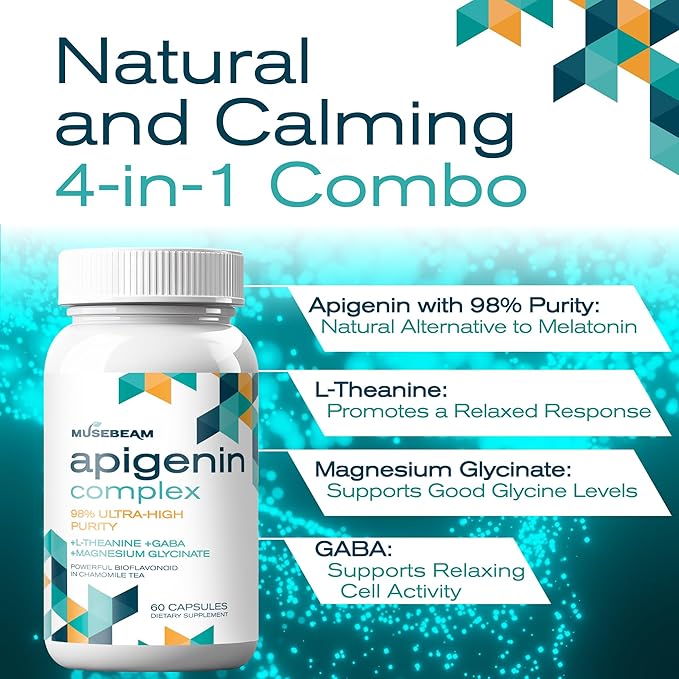 Apigenin Supplement for Rest and Relaxation Support - 50mg Apigenin per Capsule with Magnesium Glycinate 275mg L-Theanine 100mg GABA 100mg - 98% Ultra-High Purity