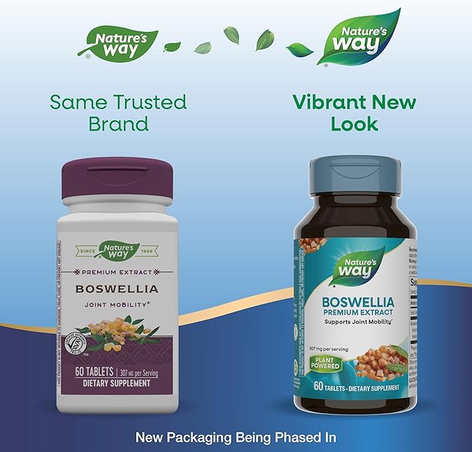 Nature's Way Boswellia Premium Extract, Supports Joint Mobility*, 307 mg Boswellia serrata Extract per Serving, Frankincense Supplement, Gluten Free & Vegan - 60 Tablets (Packaging May Vary) - 2 Pack