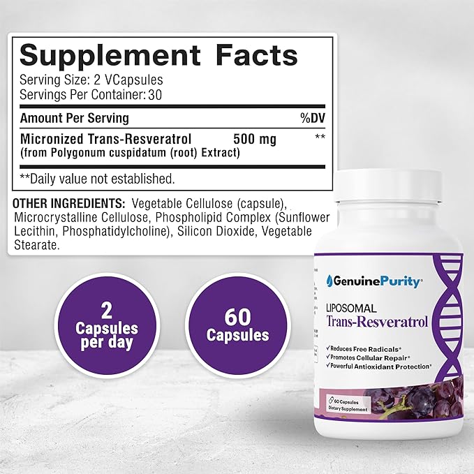Liposomal Trans Resveratrol 500mg, 60 Vegan Capsules to Support Cellular Health, Antioxidant Activity & Overall Wellness - Non-GMO Trans Resveratrol Supplement for Daily Vitality