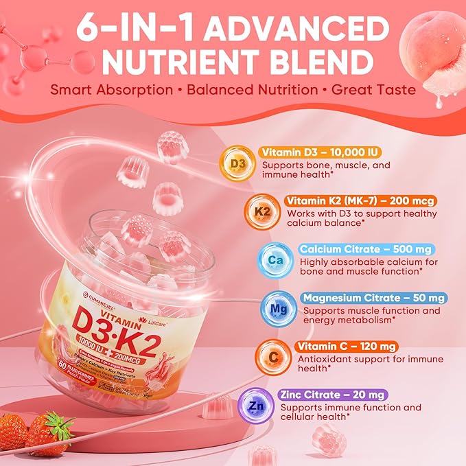 Vitamin D3 K2 Filled Gummies 5000IU / 10,000 IU with 500mg Calcium + K2(MK-7) 200mcg, Magnesium, Vitamin C & Zinc, Extra Strength - Ultimate Absorbency for Bones Muscles Teeth, Vegan -- Pack of 2