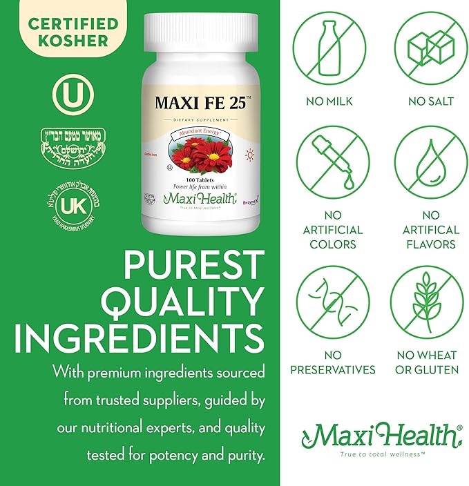 Maxi Health Iron Supplement for Women & Men - Gentle Iron 25 mg for The Stomach - Non Constipating* Pills - Kosher - Non GMO - Vegetarian (100 Tablets)