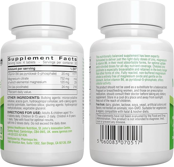 Igennus Neurobalance Zinc Magnesium & B6 Complex Formulated for Cognitive Support, Calm Focus & Relaxation, 120 Small Tablets, High Absorption Chelated Zinc & Fully Reacted Magnesium, Vegan, Non-GMO