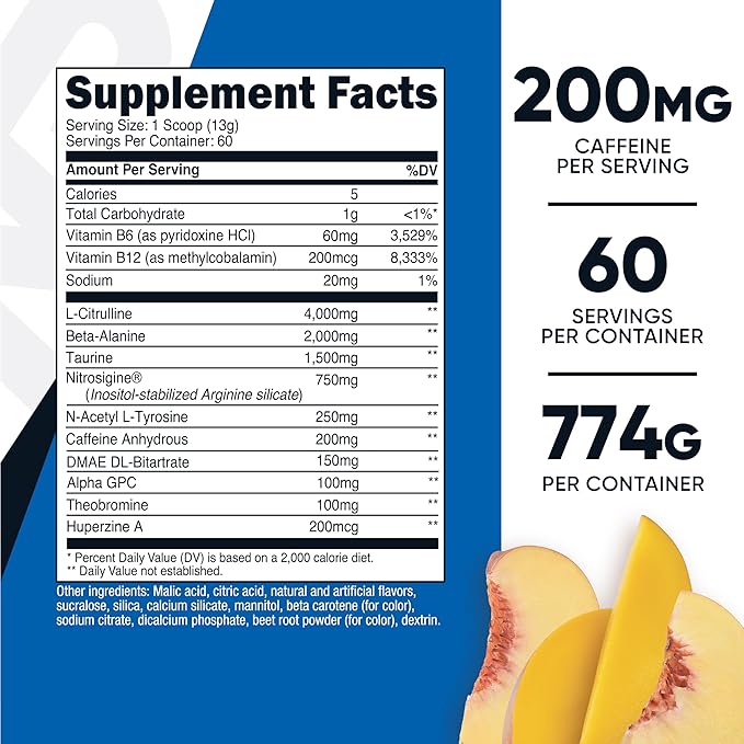 Nutricost Pre-Workout Complex Powder (60 Servings, Peach Mango) - Pre-Workout Supplement with Beta-Alanine, Taurine & Amino Acids