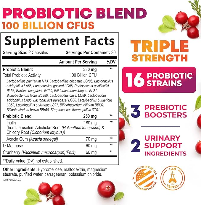 Probiotics for Women - Probiotic Blend 100 Billion CFU Per Serving - Women's Probiotic for Targeted Vaginal & Digestive Health Support - 16 Strains, Cranberry, Prebiotics - Bottled USA - 60 Capsules