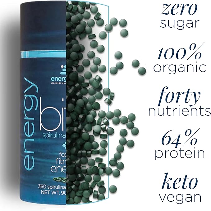 ENERGYBITS - Organic Spirulina Tablets - Plant-Based Algae Superfood - for Focus, Fitness, Energy - Plant Protein - Gluten Free - Collagen, Vitamin B12, Omega 3 - Keto & Vegan - 900 Algae Tablets