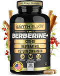 Earth Elixir 4-in-1 Berberine Supplement – Organic Berberine with Ceylon Cinnamon, CoQ10 Ubiquinol, and Resveratrol Powder – Metabolic & Cellular Energy Support, 180 Vegan Capsules
