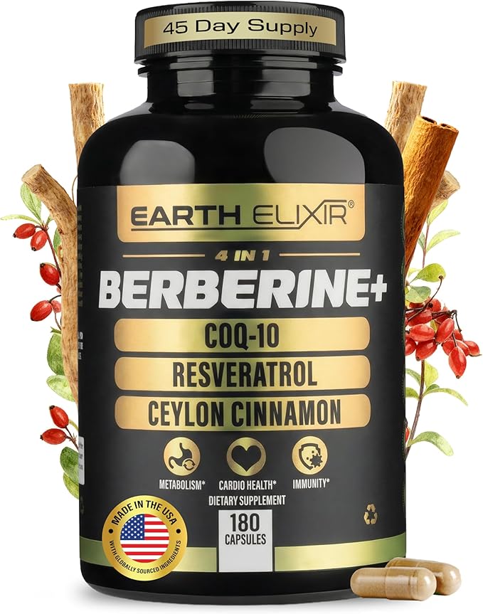 Earth Elixir 4-in-1 Berberine Supplement – Organic Berberine with Ceylon Cinnamon, CoQ10 Ubiquinol, and Resveratrol Powder – Metabolic & Cellular Energy Support, 180 Vegan Capsules