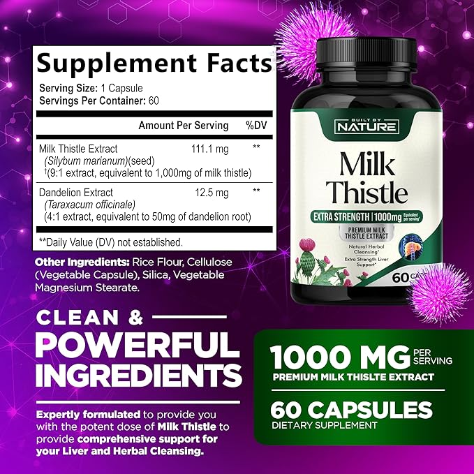 Built by Nature Milk Thistle Liver Detox Supplement with Silymarin Extract & Dandelion Root – Gentle Herbal Liver Cleanse for Men & Women - Liver Health Support - Non-GMO - 60 Veggie Capsules