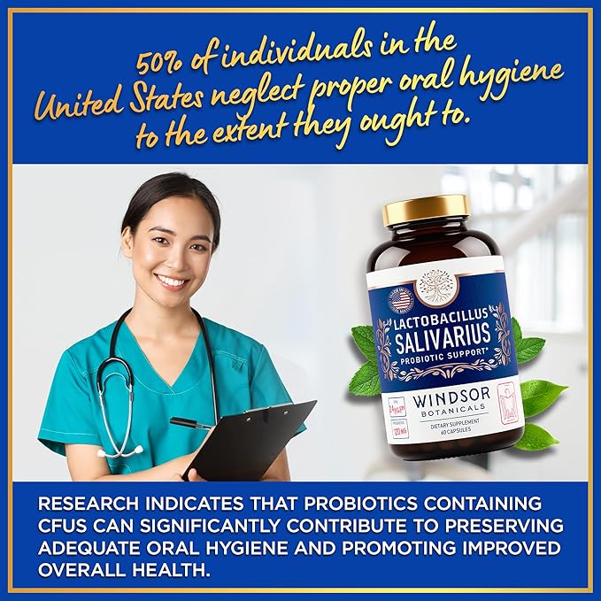 WINDSOR BOTANICALS Lactobacillus Salivarius Probiotic Capsules - L Salivarius Probiotic Oral Dental Probiotics for Bad Breath, Teeth and Gums Health and Immune Support - 24bn CFU, 3-Pack 180 Caps