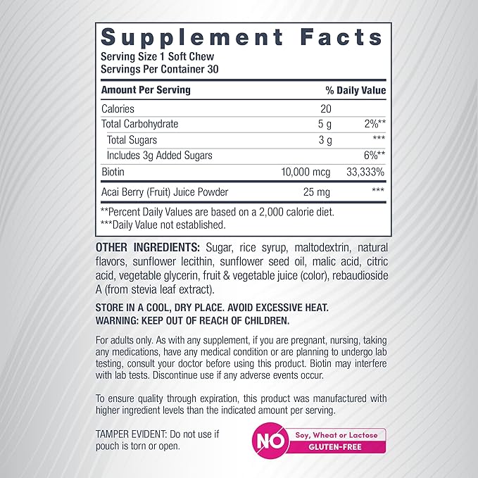 NeoCell Biotin Beauty Soft Chews | 30 Chewables | 10000mcg | Hair, Skin & Nails | Acai Berry Flavor