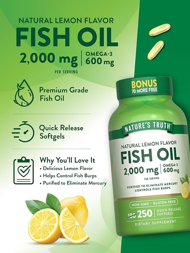 Nature's Truth Fish Oil 2000 mg | 600 mg Omega 3 | 250 Softgels | Natural Lemon Flavor | Non-GMO and Gluten Free Supplement