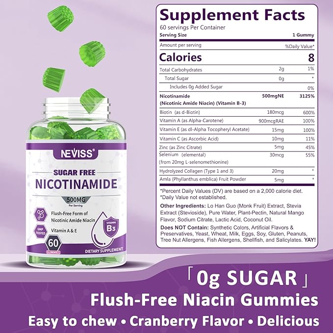 Nicotinamide 500mg Gummies, (Flush Free Niacin) Vitamin B3 Niacinamide Supplement for Cell Regeneration, NAD+ Levels, Anti-Aging, Cellular Energy, Focus & DNA Repair, Longevity, Sugar Free, 60Cts
