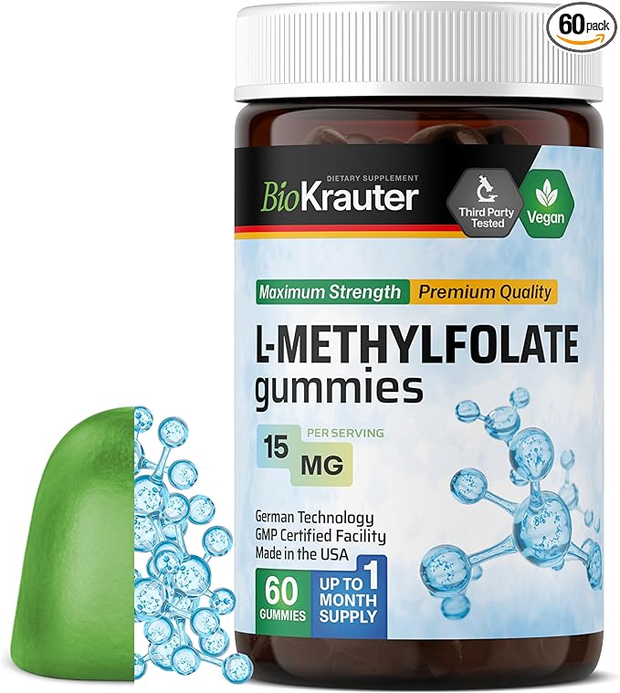 BIO KRAUTER® L Methylfolate Gummies for Folic Support - Folic Acid Gummies (Vitamin B9) MTHF Supplement for Mood Support - Folate Supplement 15 mg L-Methylfolate per Serving, 60 Vegan Gummies