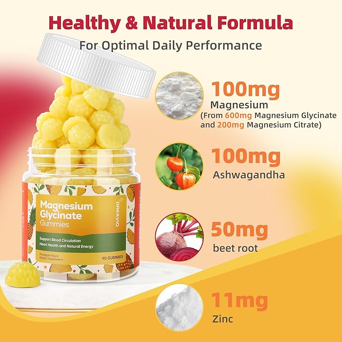 90 Count Magnesium Glycinate Gummies w/Ashwagandha Supplement - Sugar Free Zinc Magnesium Glycinate Supplement Ashwagandha Gummies for Adults Pineapple Flavor