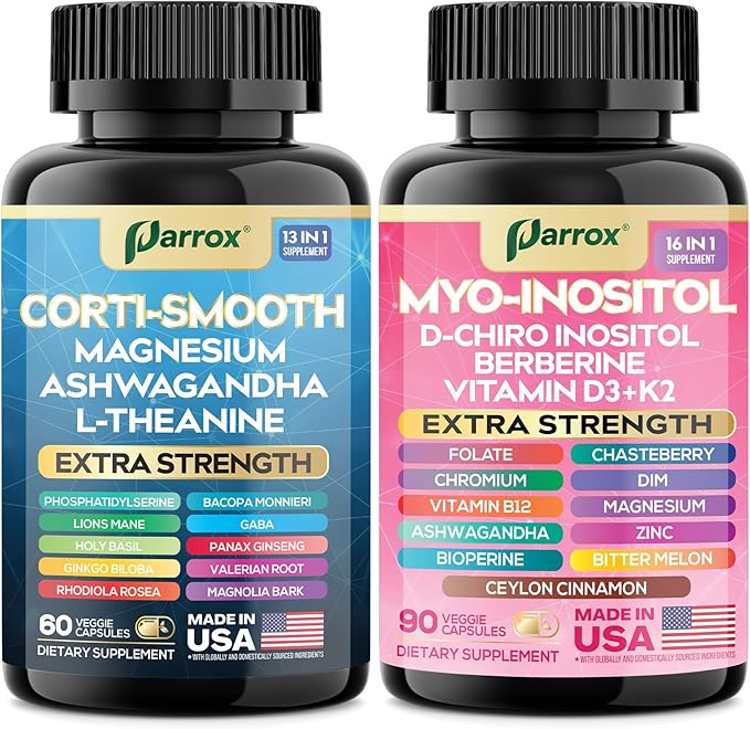 Cortisol & Myo-Inositol Supplement Bundle, Soothe & Smooth Bundle, Cortisol Balance, GABA, Magnesium, Ashwagandha, L-Theanine, D-Chiro Inositol, Folate, Berberine, Chasteberry, Zinc (2 Pack)