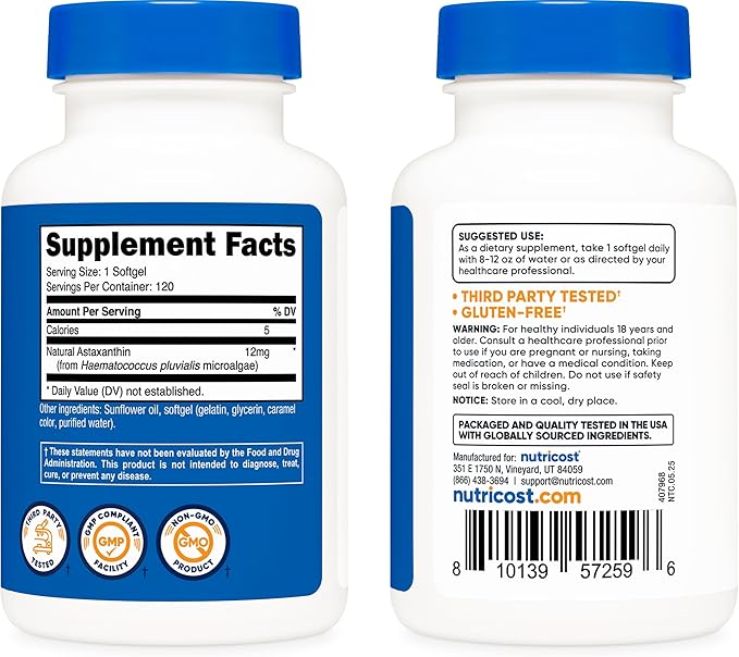 Nutricost Astaxanthin 12mg, Non-GMO and Gluten Free, 120 Softgels (4 Month Supply) (Pack of 2)