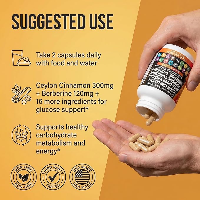 Clean Nutraceuticals Ceylon Cinnamon Capsules + Berberine Turmeric Apple Cider Vinegar Ginseng Bitter Melon Gymnema Milk Thistle Fenugreek Supplement Pills Powder for Men & Women