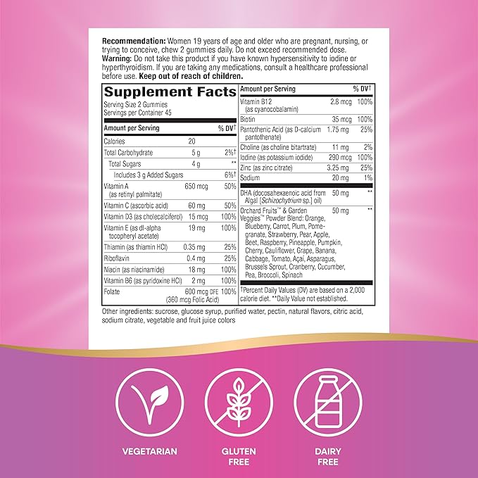 Nature’s Way Alive! Gummy Prenatal Vitamins, Prenatal Multivitamin Supplement with Plant-Based DHA for Brain & Eye Development*, Vegetarian Orange Raspberry Lemonade Flavored, 90 Gummies