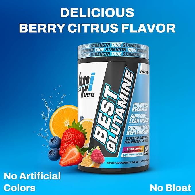 BPI Sports Best Glutamine Supplement, L Glutamine Powder for Gut Health, Muscle Recovery and Immune Support – 6 Advanced Glutamine Types + Vitamin C – 50 Servings – Berry Citrus Flavor