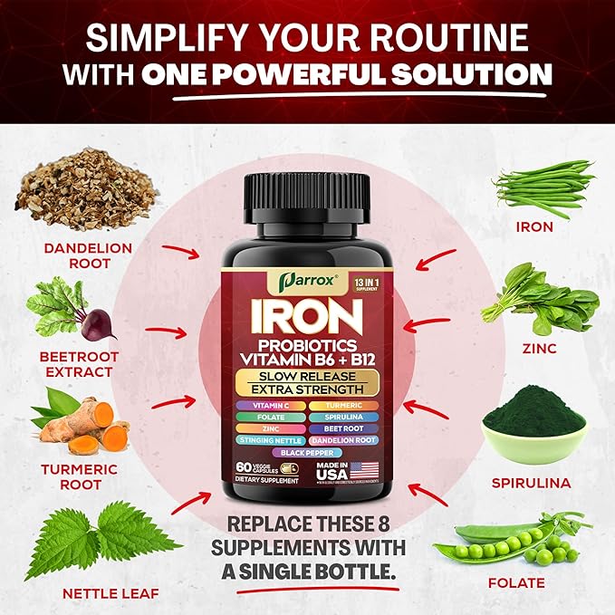 Iron Supplement with Slow Release Iron, Probiotics, Spirulina, Turmeric, Vitamin B6, B12, C, Zinc, Folate, Beetroot, Nettle Leaf, Dandelion Root, Black Pepper, Extra Strength, 60 Vegan Capsules