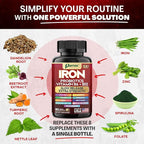 Iron Supplement with Slow Release Iron, Probiotics, Spirulina, Turmeric, Vitamin B6, B12, C, Zinc, Folate, Beetroot, Nettle Leaf, Dandelion Root, Black Pepper, Extra Strength, 60 Vegan Capsules