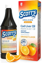 SCOTT'S EMULSION Cod Liver Oil Liquid for Kids – Orange Flavor – Supports Growth, Immunity & Bone Health – Rich in Omega 3 & Vitamins A+D – Easy-to-Take Fish Oil – 6.5 Fl Oz