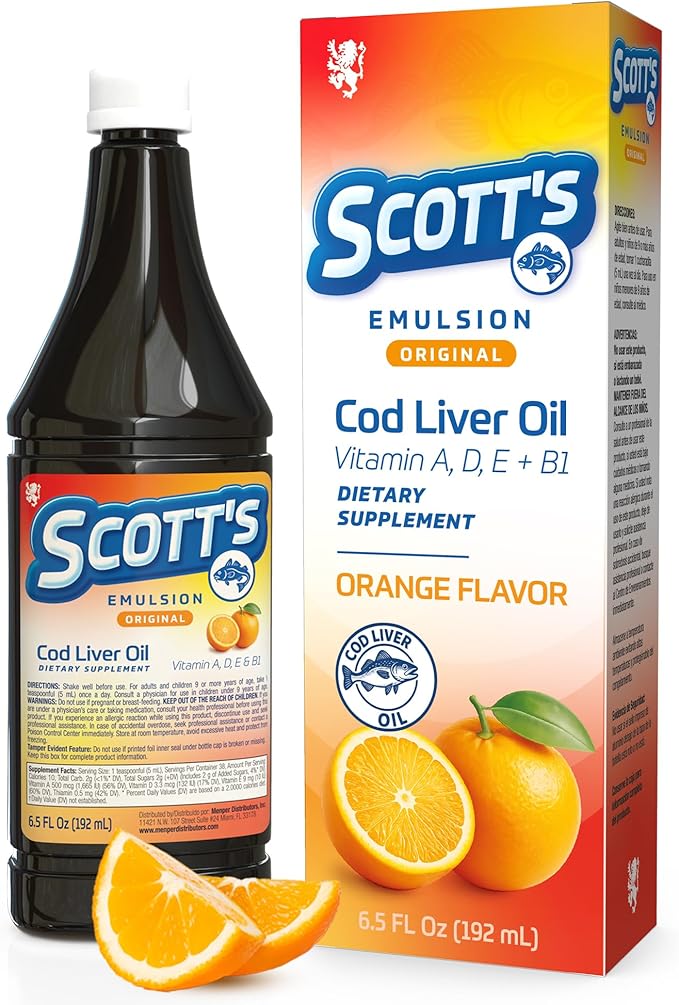 SCOTT'S EMULSION Cod Liver Oil Liquid for Kids – Orange Flavor – Supports Growth, Immunity & Bone Health – Rich in Omega 3 & Vitamins A+D – Easy-to-Take Fish Oil – 6.5 Fl Oz