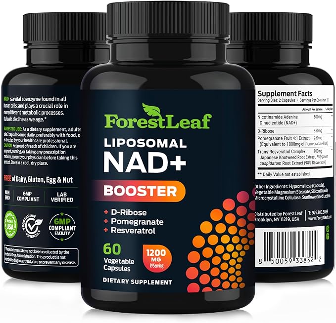 ForestLeaf NAD Resveratrol Capsules, Liposomal NAD Supplement for Women and Men with D-Ribose and Pomegranate, NAD+ for Energy, Focus and Anti-Aging Support, NMN Supplement Alternative (60 Caps)