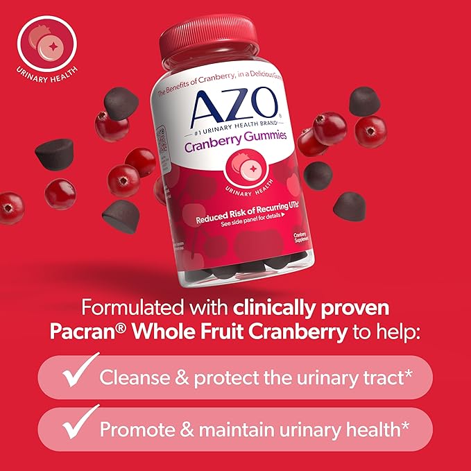AZO Cranberry Urinary Tract Health Gummies Dietary Supplement, 2 Gummies = 1 Glass of Cranberry Juice, Helps Cleanse & Protect, Natural Berrylicious Flavor, Non-GMO, 72 Gummies