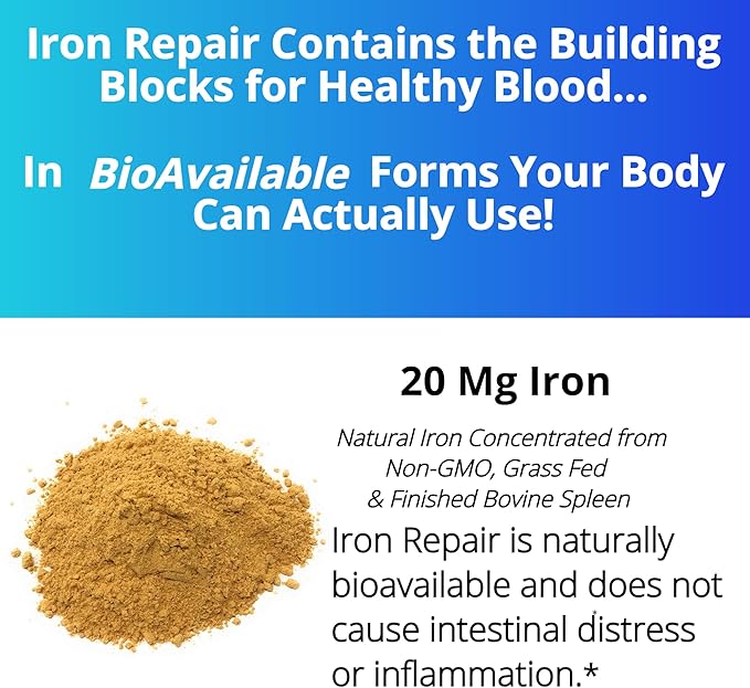 Iron Repair Simply Natural Iron Supplement, Best Absorption & Gentle on Stomach, Monash Low FODMAP, Raise Hemoglobin & Ferritin Iron Pills for Women, Men, Teens, & Pregnancy 90 Bovine Gelatin Capsules