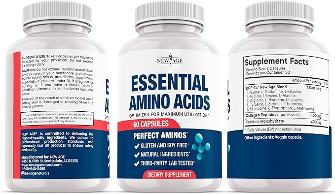 NEW AGE Amino Acid Complex – 20 Aminos with BCAAs, L-Glutamine, L-Arginine & Hyaluronic Acid – Supports Recovery, Energy, Immune Health & Wellness – Non-GMO, Gluten-Free – 180 Capsules