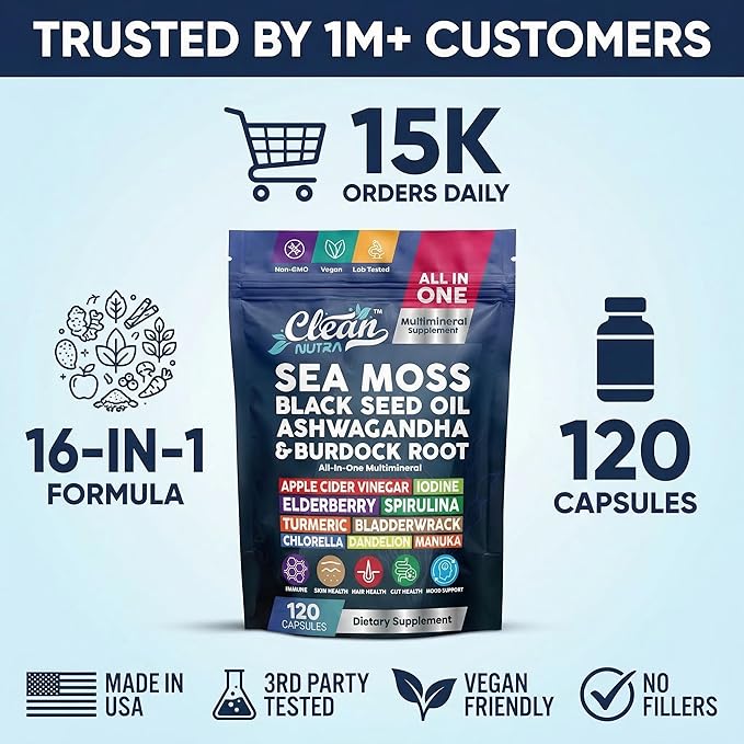 Clean Nutraceuticals Sea Moss Black Seed Oil Ashwagandha Turmeric Bladderwrack Burdock & Vitamin C Vitamin D3 with Elderberry Manuka Dandelion (120 Count (Pack of 1))