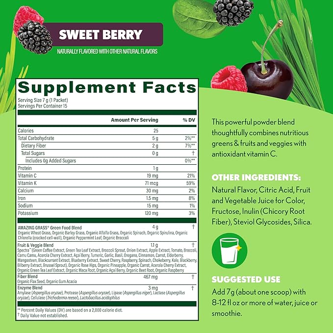 Amazing Grass Greens Blend Antioxidant: Super Greens Powder with Spirulina, Beet Root Powder, Elderberry, Prebiotics & Probiotics, Sweet Berry, 15 Servings (Packaging May Vary)