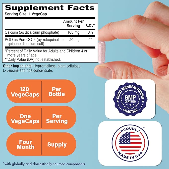 Health Thru Nutrition PQQ 20mg 120 Servings Pyrroloquinoline Quinone as PureQQ | Promotes Mitochondrial Biogenesis | Certified Vegan | Non-GMO Gluten Soy Free Capsules| Clean Label PQQ Supplement