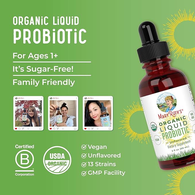 MARYRUTH'S Organics Liquid Probiotic for Ages 4+ | 2 Billion CFU | 13 Probiotic Strains | Gut Health & Digestive Support | Gas & Bloating Support | Vegan | Gluten Free | Travel-Friendly | 20 Servings