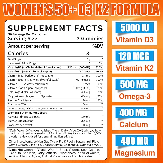 Vitamin D3 K2 Gummies Supplement for Women 50+: Organic Vitamin D3 5000 IU + K2 (MK-7) 120 mcg with 500mg Omega-3, 400mg Calcium, CoQ10 for Immune Health - Extra Strength for Adults(60Count)