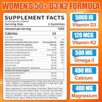 Vitamin D3 K2 Gummies Supplement for Women 50+: Organic Vitamin D3 5000 IU + K2 (MK-7) 120 mcg with 500mg Omega-3, 400mg Calcium, CoQ10 for Immune Health - Extra Strength for Adults(120Count)